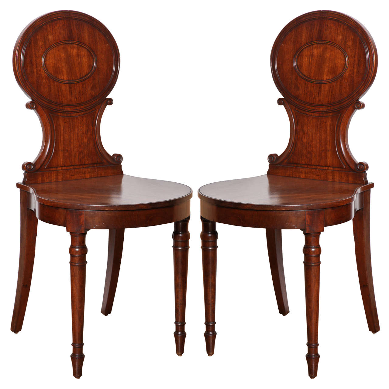 Pair of Carved Mahogany Hall Chairs, England, Early 19th Century For Sale