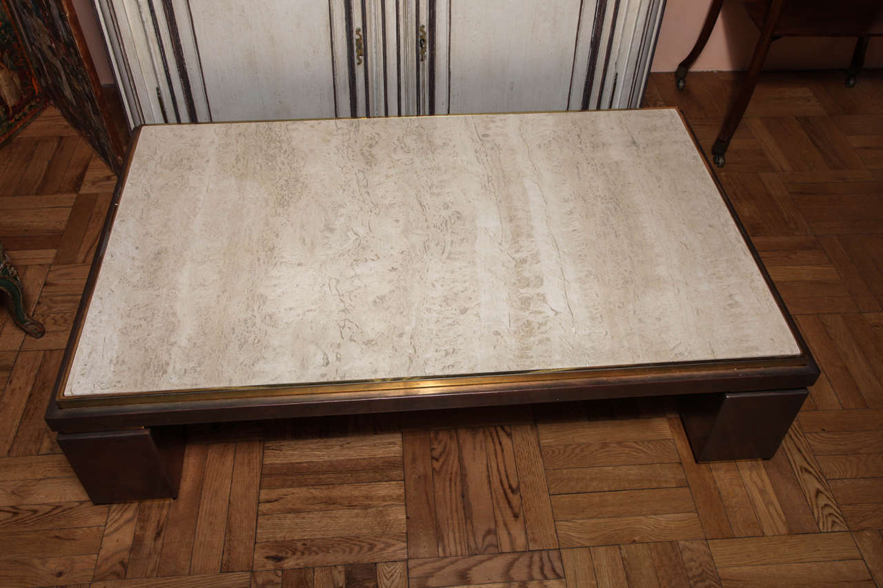 Travertine Topped Copper and Brass Low Table, France, 1970s