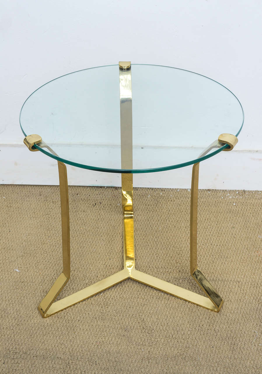 20th Century Pair Mid Century Modern Brass Glass Top Sculptural Side Tables
