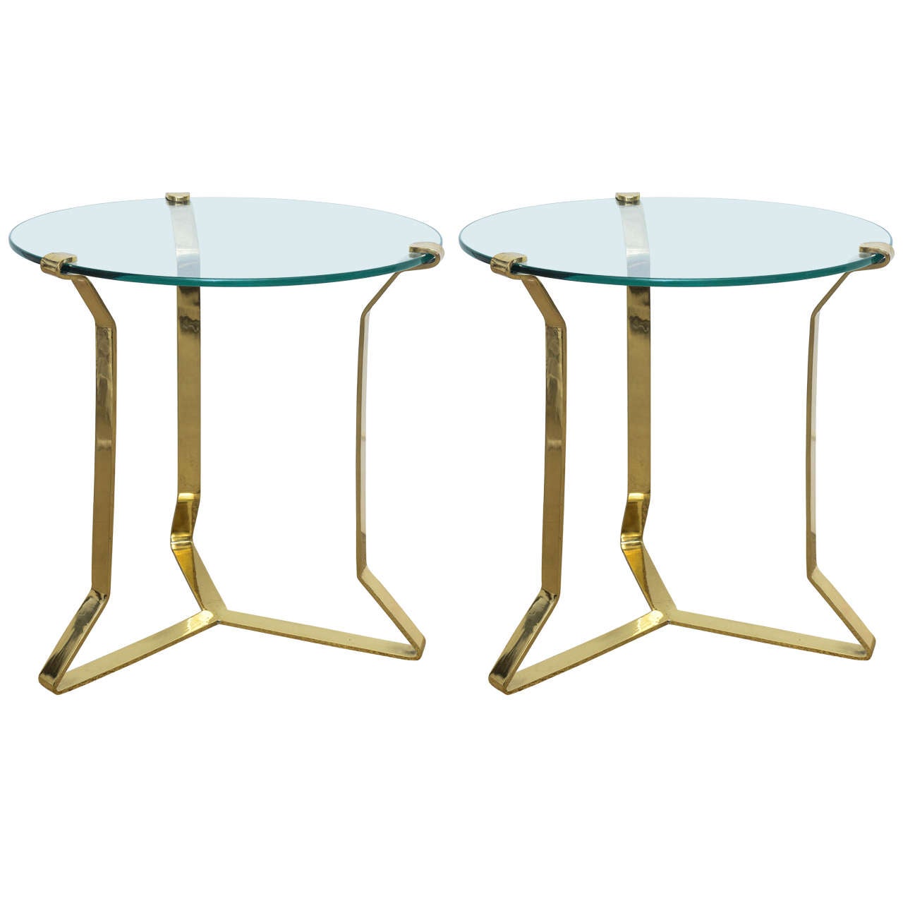 Pair Mid Century Modern Brass Glass Top Sculptural Side Tables