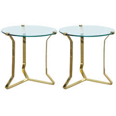 Pair Mid Century Modern Brass Glass Top Sculptural Side Tables
