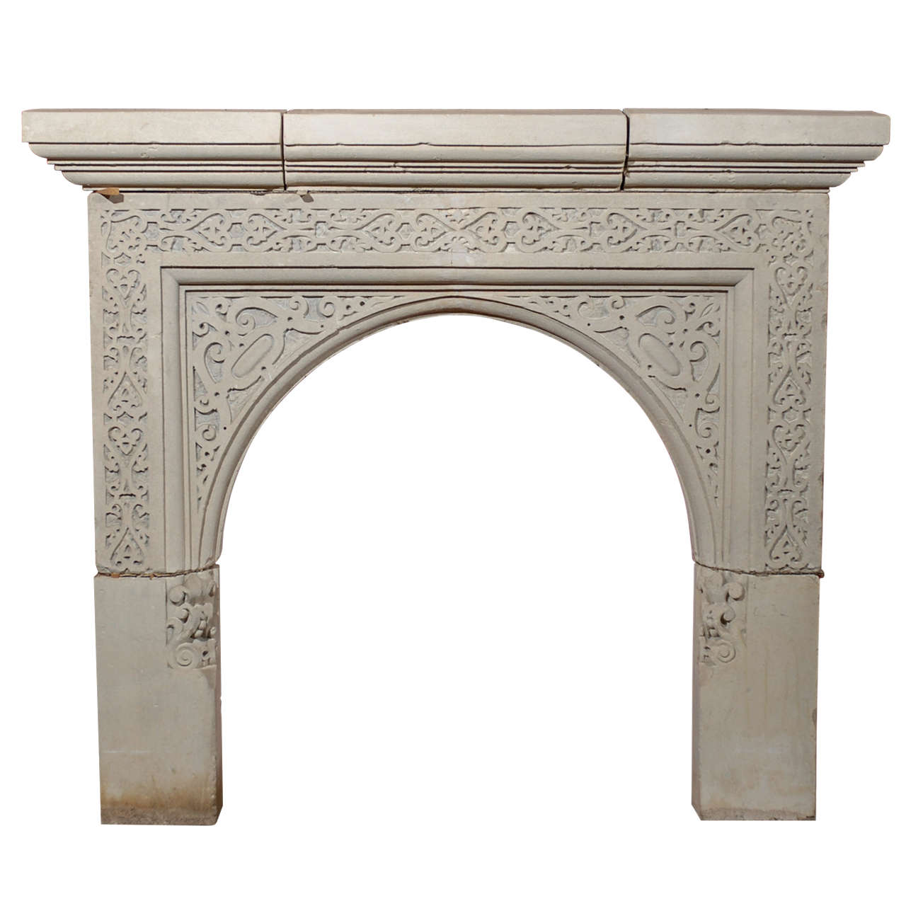 19th C English Carved Stone Gothic Revival Mantel For Sale