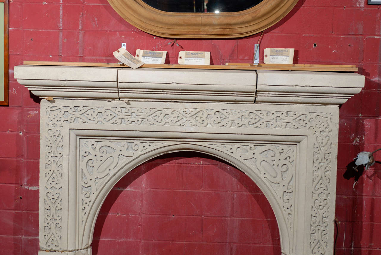 British 19th C English Carved Stone Gothic Revival Mantel For Sale