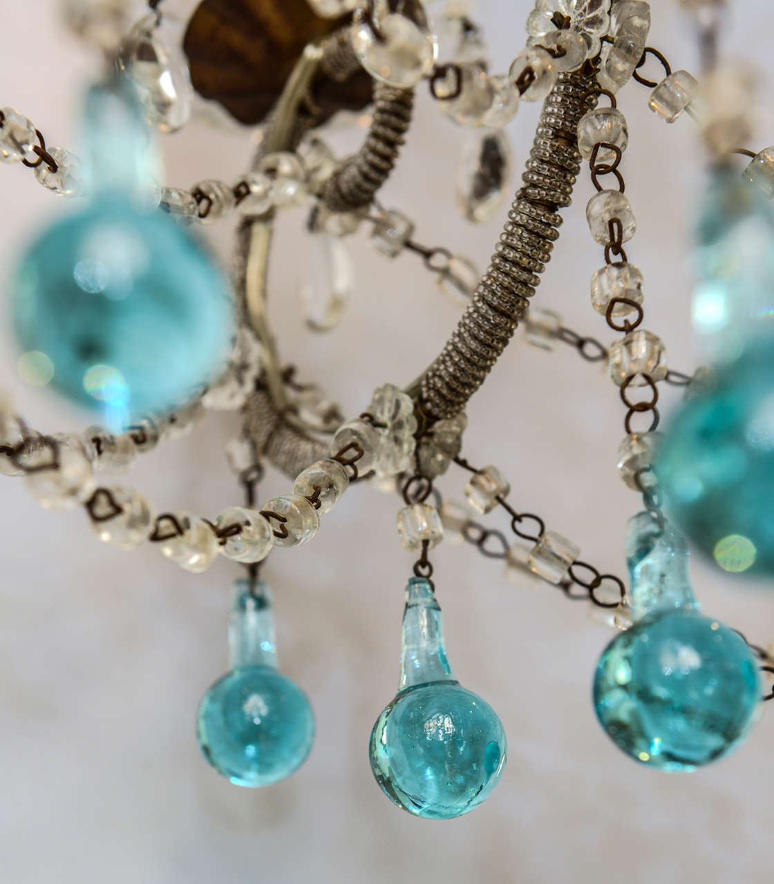 Italian Beaded-Arm Six Light Chandelier with Turquoise Glass Drops In Excellent Condition In West Palm Beach, FL