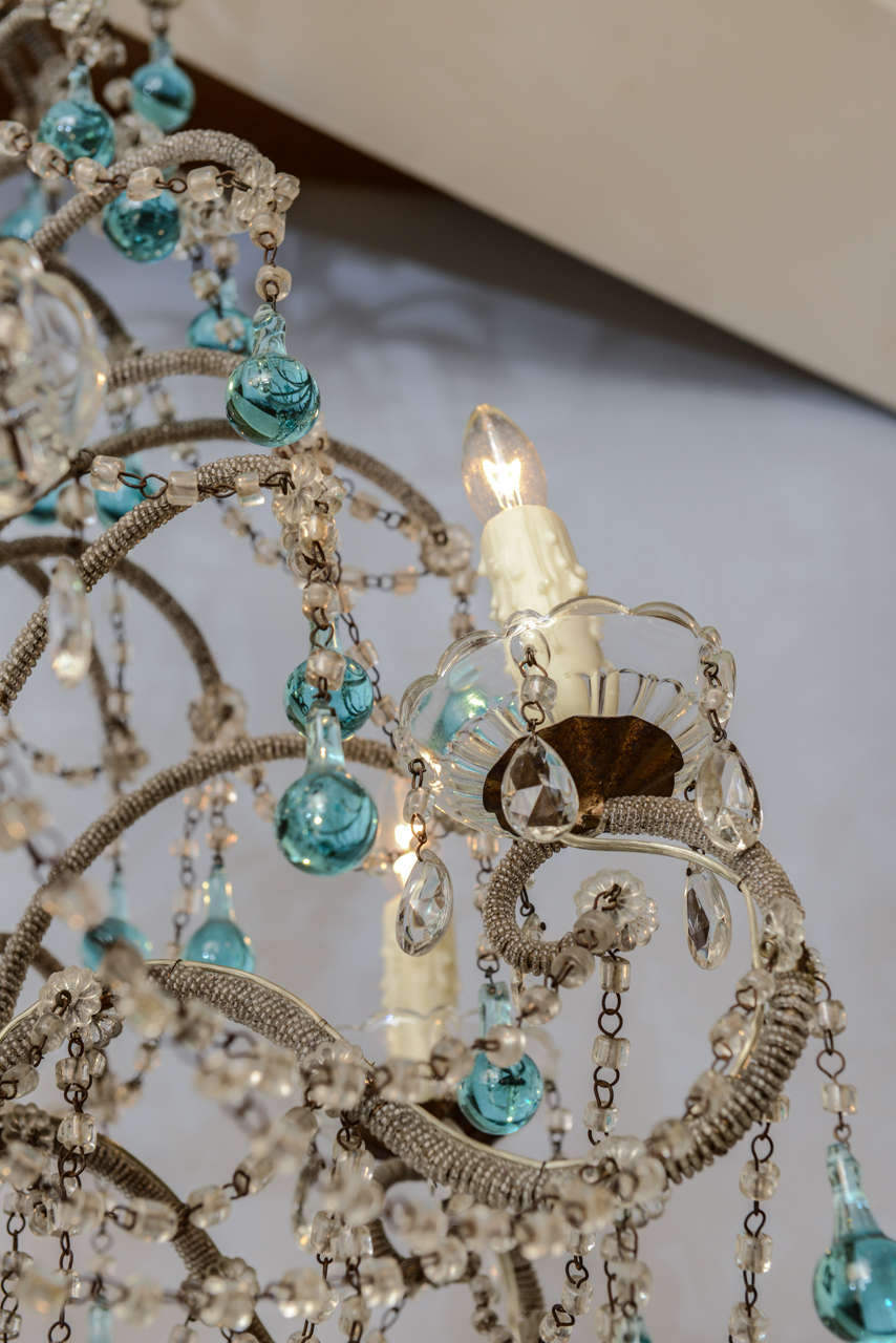 20th Century Italian Beaded-Arm Six Light Chandelier with Turquoise Glass Drops