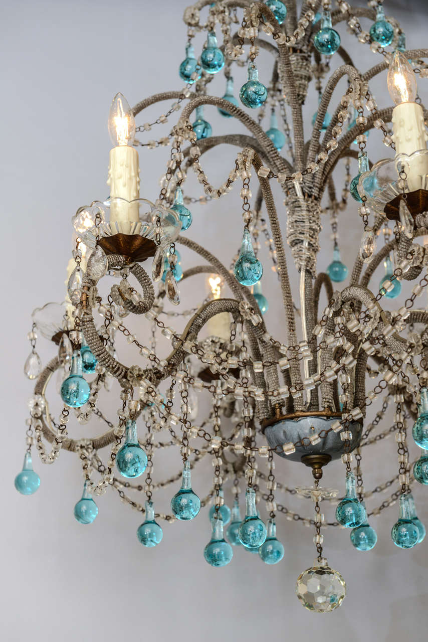 Iron Italian Beaded-Arm Six Light Chandelier with Turquoise Glass Drops