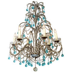 Italian Beaded-Arm Six Light Chandelier with Turquoise Glass Drops