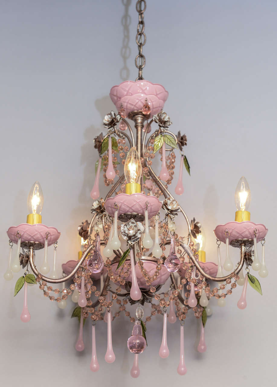 Pair of Petite Chandeliers with Pink Glass Accents