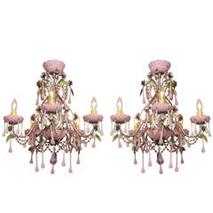 Pair of Petite Chandeliers with Pink Glass Accents
