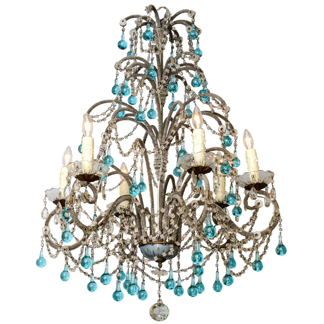 Italian BeadedArm Six Light Chandelier with Turquoise Glass Drops at