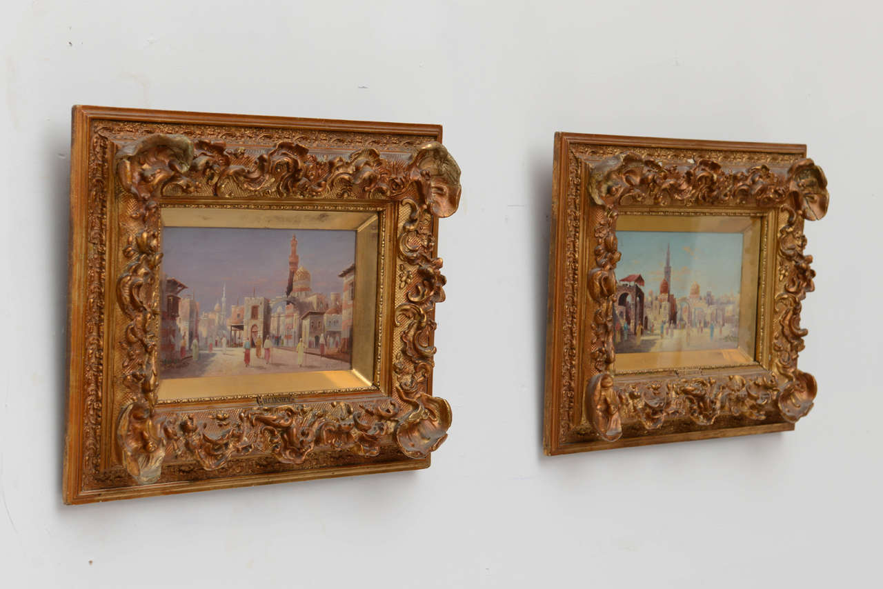 A very fine pair of orientalist oil paintings of middle eastern street scenes- displayed in elaborate period giltwood frames. Painted by Austrian Artist Karl Kaufmann (1843-1901) signed with his pseudonym H. Carnier-lower right.
Provenance-assembled
