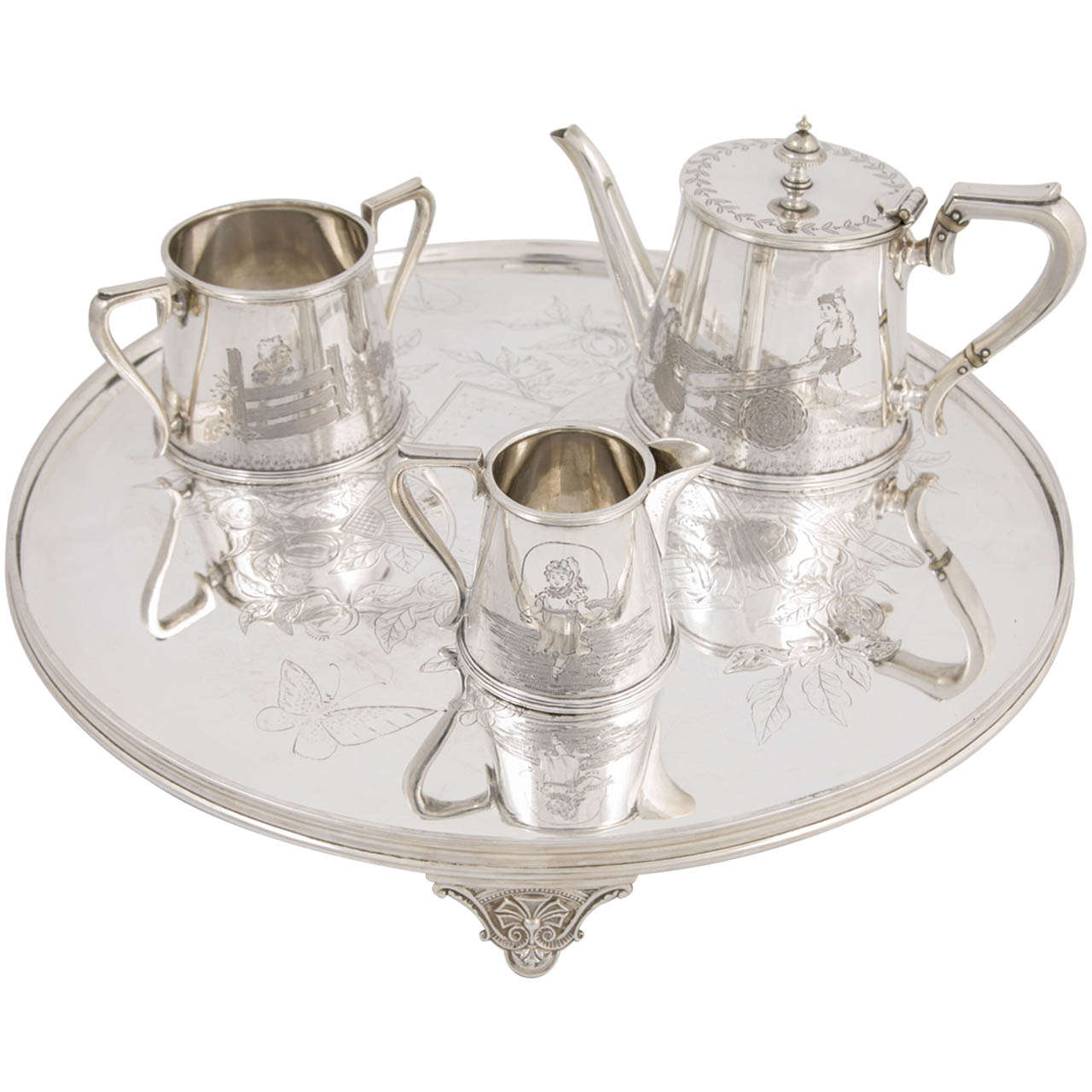 Three-Piece Child's Tea Set and Tray For Sale