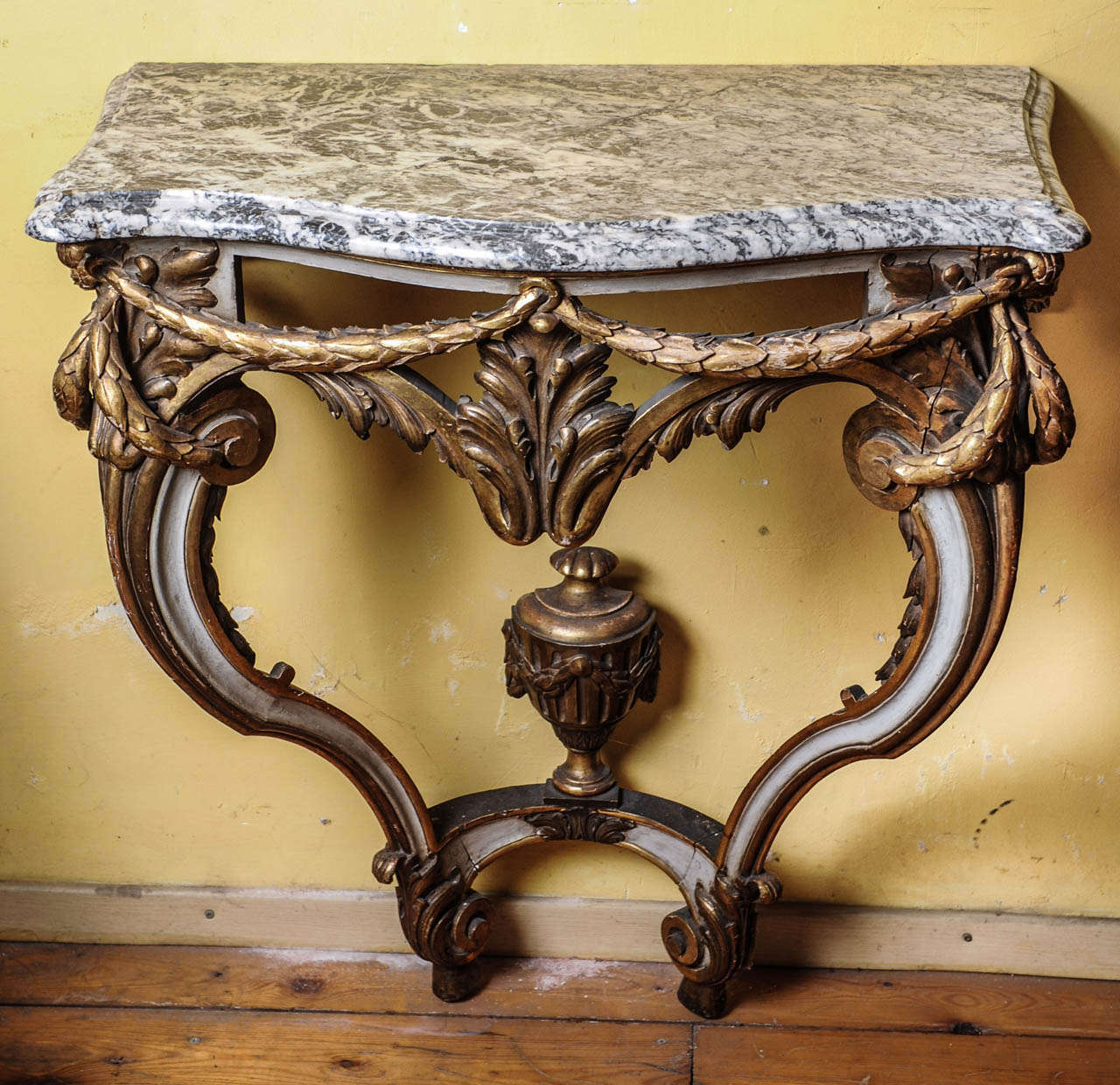 19th.Century grey/green/guilded Dutch Console, with white/grey marble top