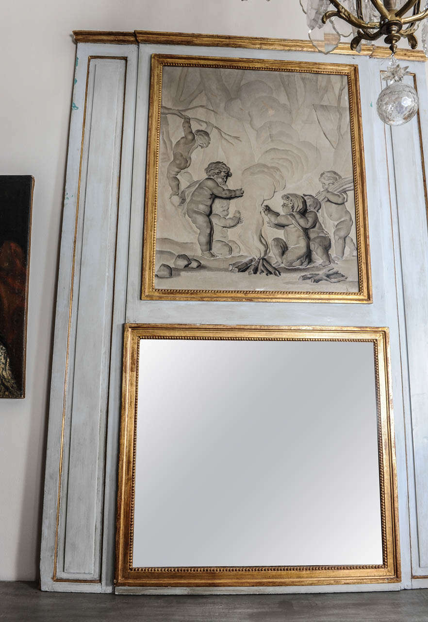 Grey/Green patinated trumeau.with painting of putti, oil on canvas, with  goldened frames.