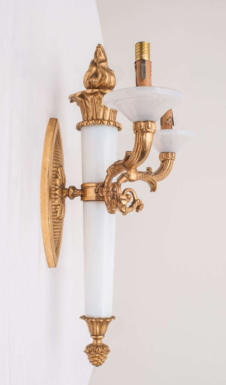 Pair of French Bronze Dore' Sconces with Opaline