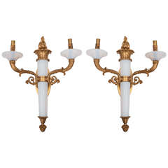 Pair of French Bronze Dore' Sconces with Opaline