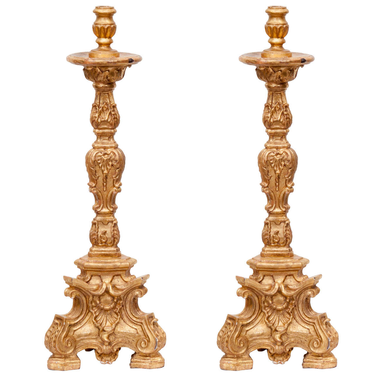 19th Century Italian Carved Gilt Wood Candlesticks For Sale