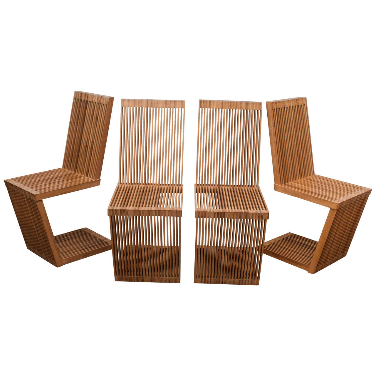 Set of Four Slatted Wood Cantilevered Chairs For Sale