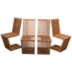 Set of Four Slatted Wood Cantilevered Chairs