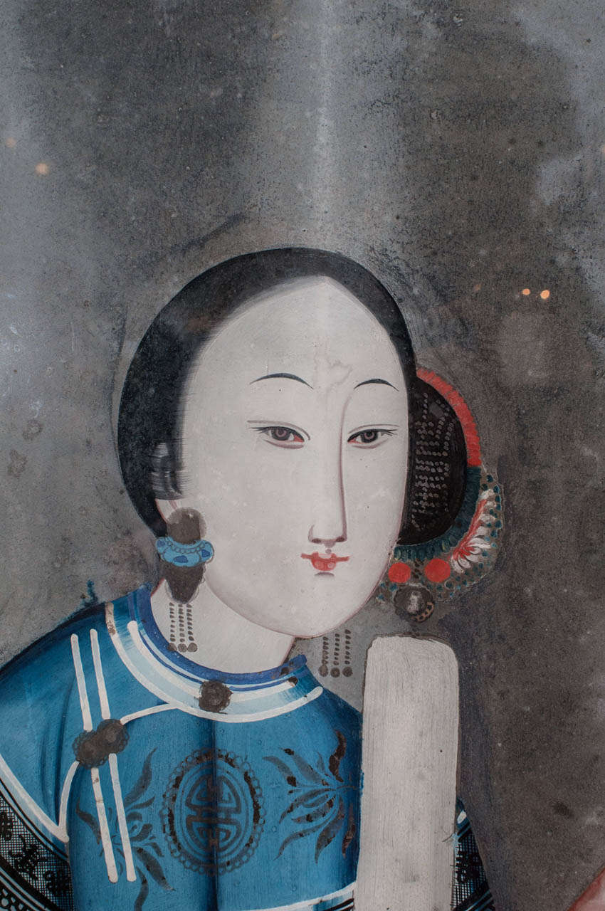 Chinese 19th Century China Trade Reverse Painted Portrait of a Woman For Sale