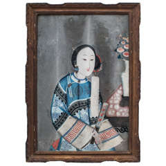 19th Century China Trade Reverse Painted Portrait of a Woman