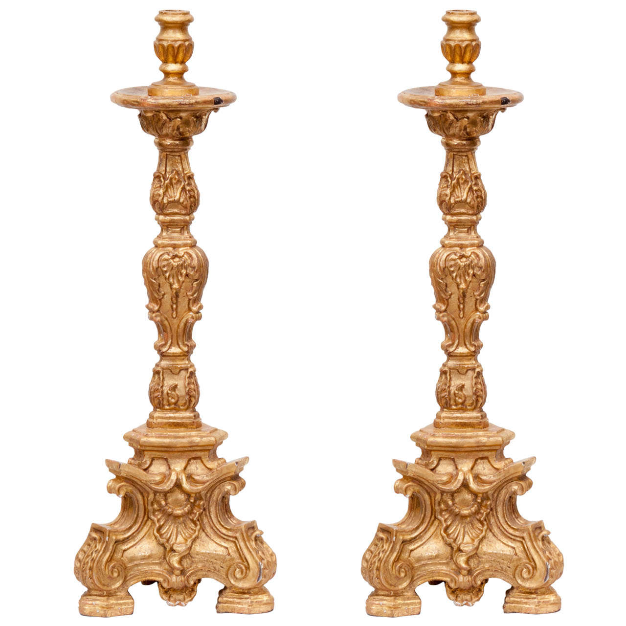19th Century Italian Carved Gilt Wood Candlesticks For Sale at 1stDibs