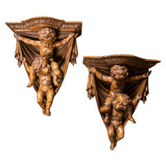 Outstanding Pair of Italian Carved Wood  Brackets
