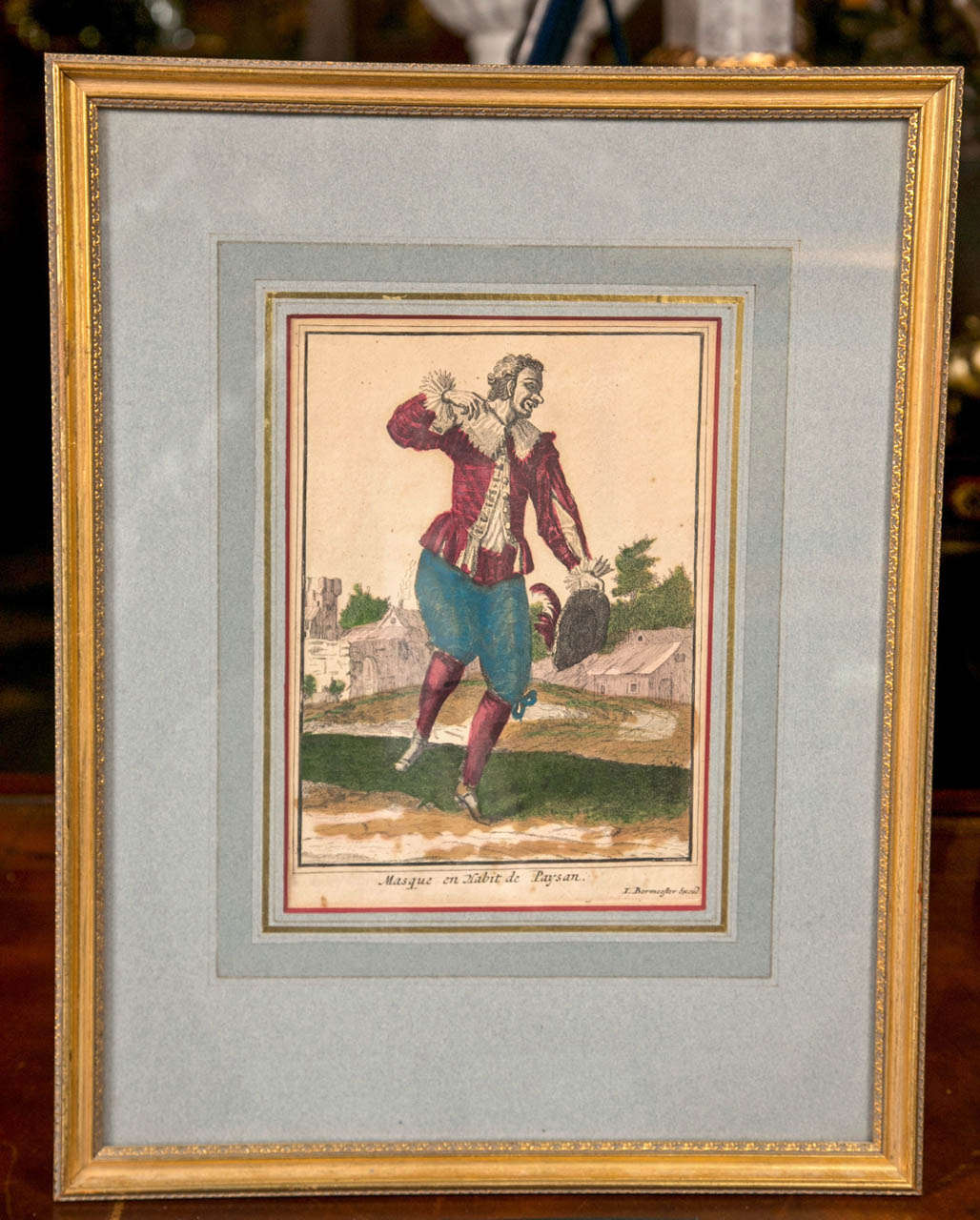 This set depicts the characters  and costumes from  L'Comedie d'Arte. Each is handcolored with an identification. They are hand colored engravings.  The cast includes: Joseph Tortorini, as Scarmouche; Docteur  Baloyard;  Habit de Paysan (2 of