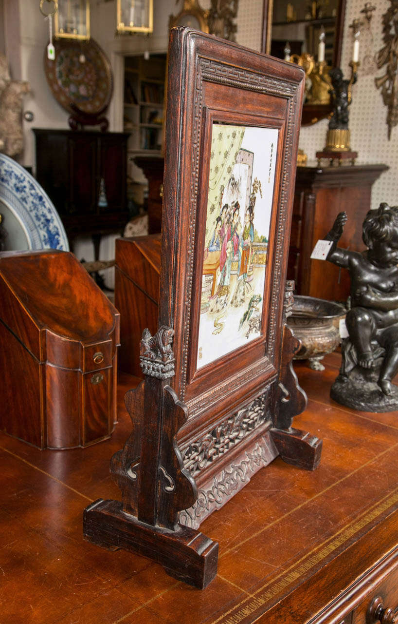 Chinese Table Screen in Wood Frame In Excellent Condition In Woodbury, CT