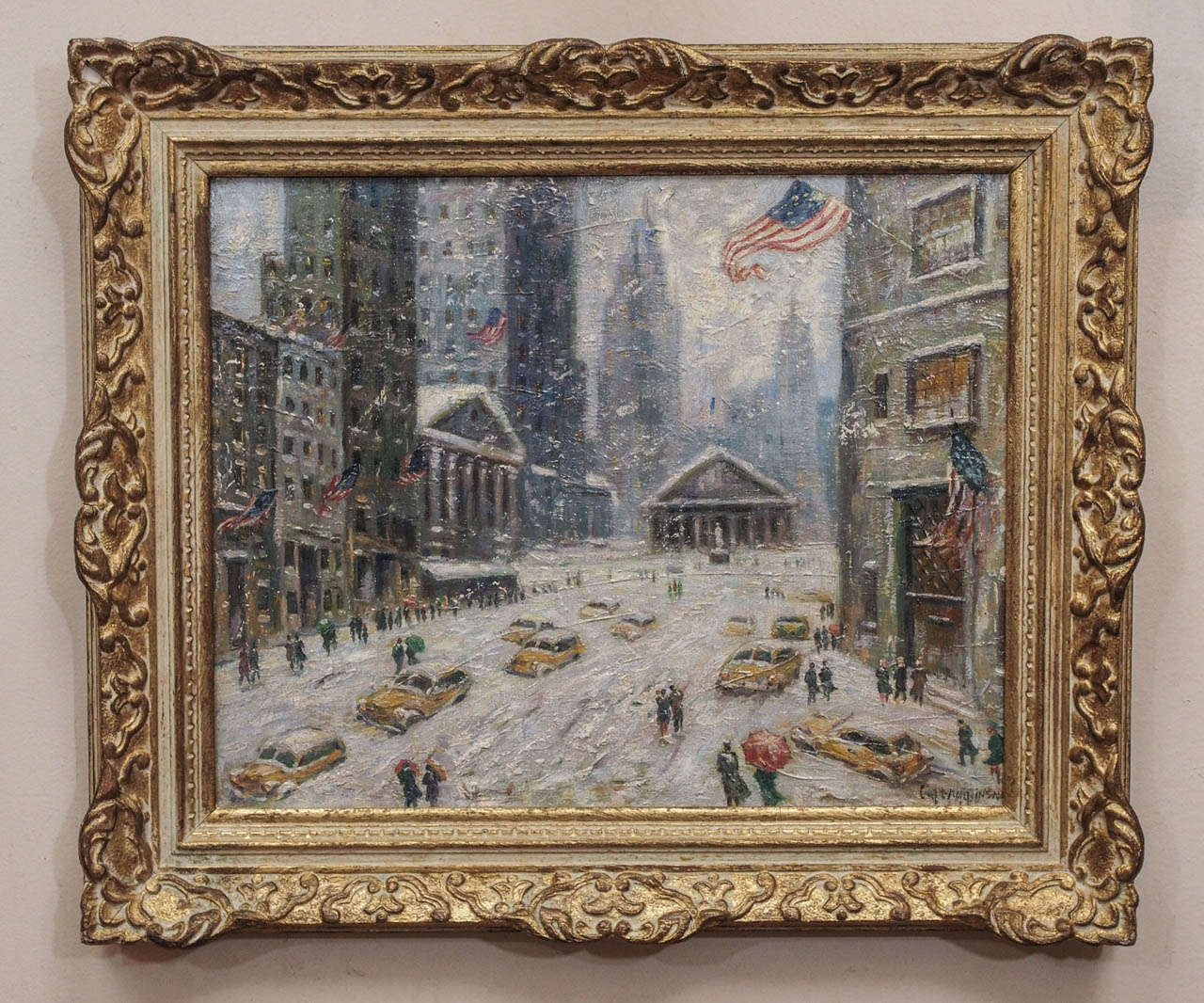 Guy Carleton Wiggins (February 23, 1883 – April 1962) was an American artist, who became famous for his paintings of New York City during the winter,  painting the snowy streets, landmarks and towering skyscrapers. “Winter on Wall Street” depicts a