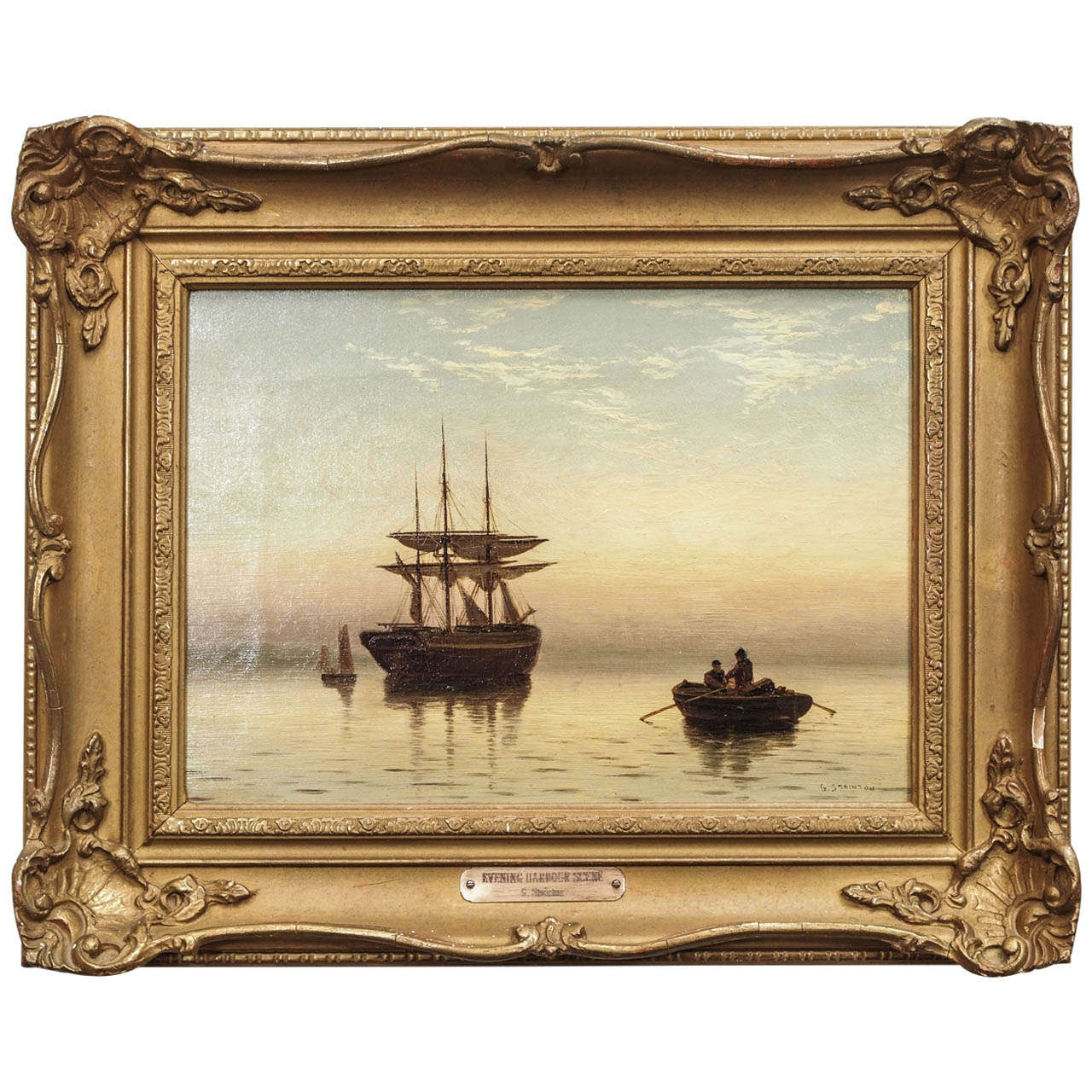 Lovely Oil on Canvas by George Stainton titled "Evening Harbor Scene" For Sale