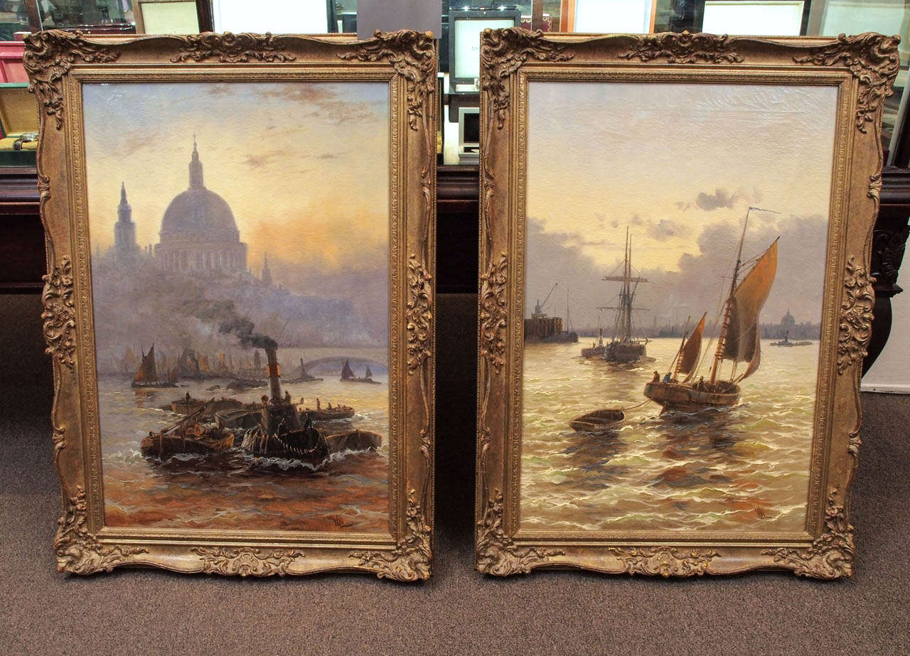 A pair of oil paintings on canvas by William Wyllie (British, 1851-1931) portraying the atmosphere of the maritime traffic of the River Thames with the artist's superb use of light. Wyllie was a member of the Royal Academy and achieved widespread