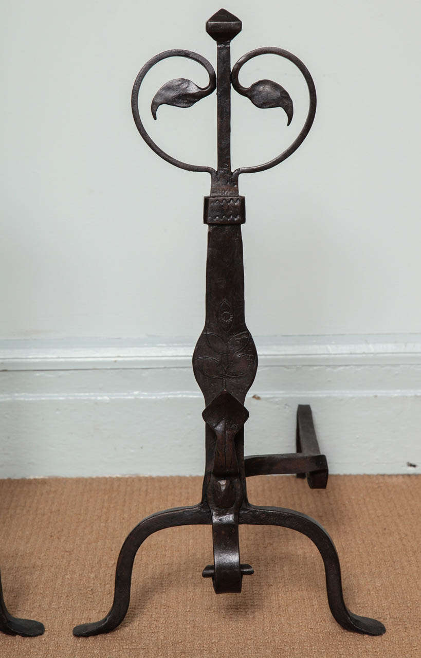 American Pair of Arts and Crafts Wrought Iron Trailing Vine Andirons