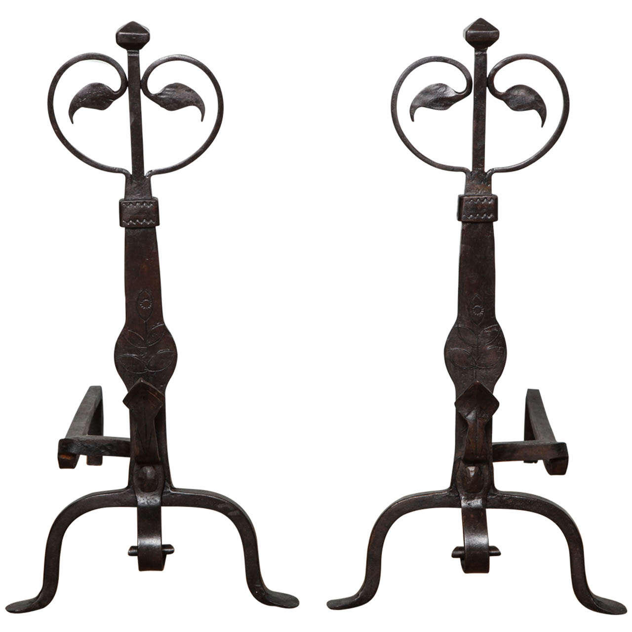 Pair of Arts and Crafts Wrought Iron Trailing Vine Andirons