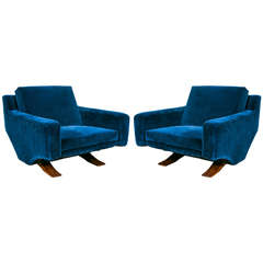 Pair of Mid-Century Modern Blue Velvet Armchairs