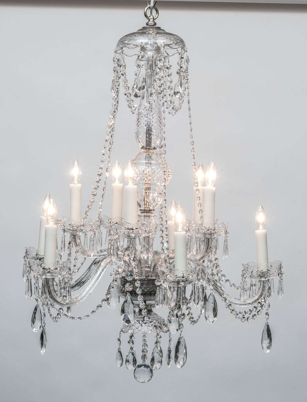 All hand-cut crystal. Ceiling cap, chain and hanging hardware included.