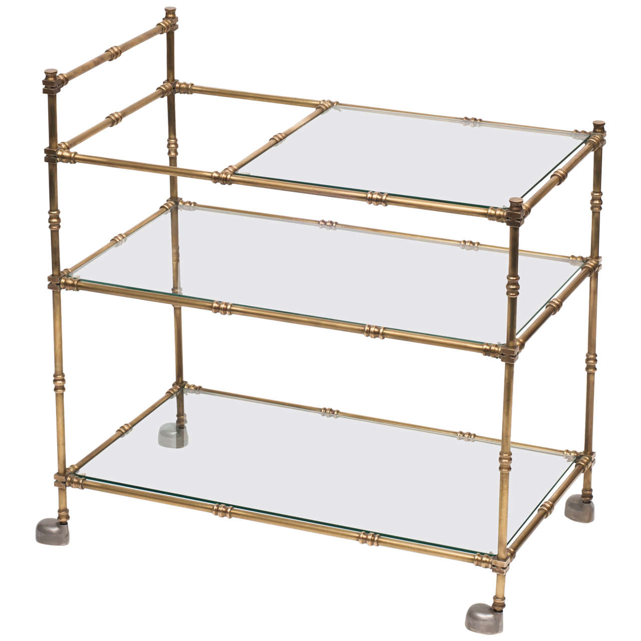 Brass Bar Cart with Glass Top and Two Lower Glass Shelves, France, circa 1950