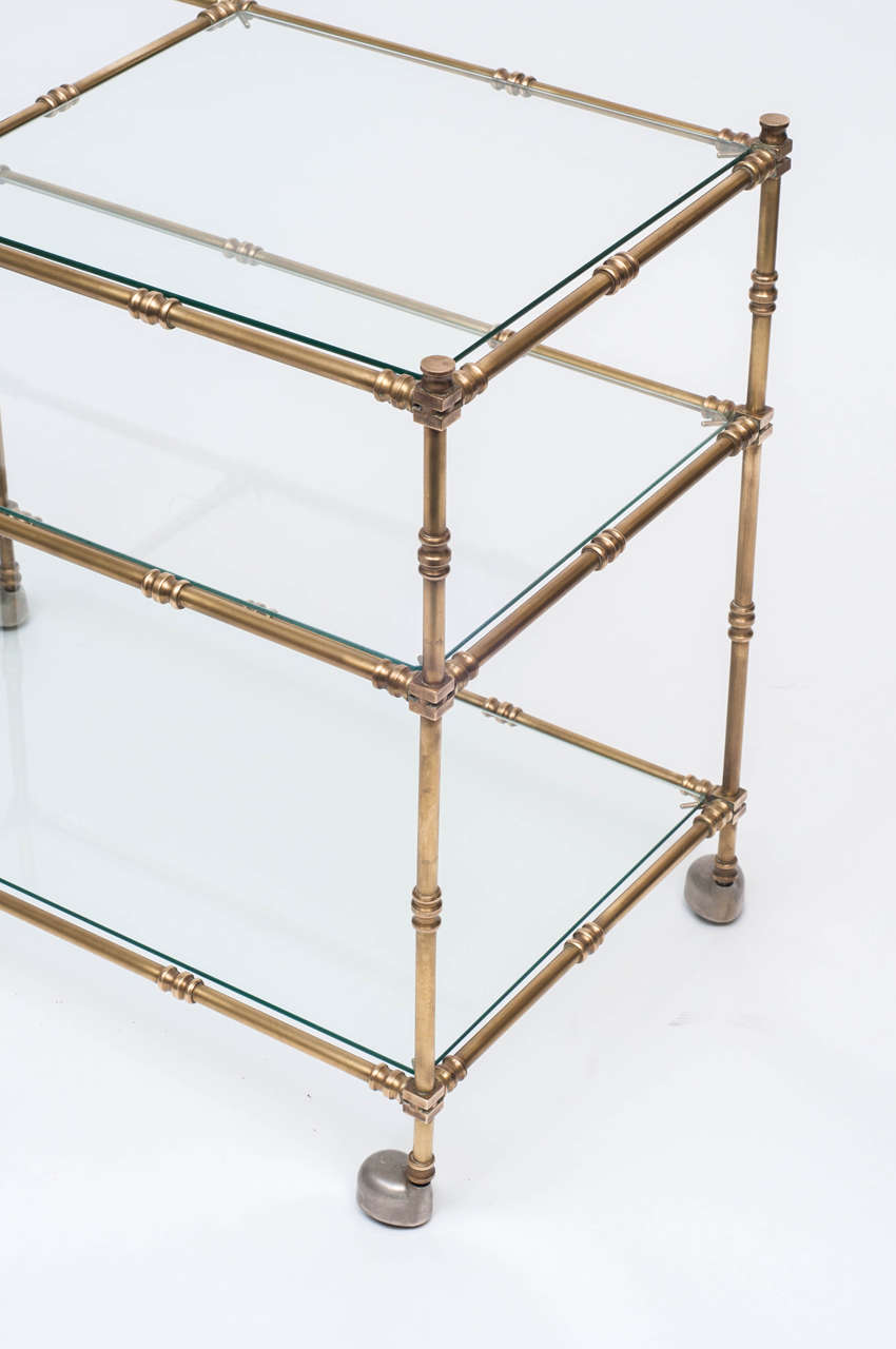 Brass Bar Cart with Glass Top and Two Lower Glass Shelves, France, circa 1950 In Excellent Condition In Alexandria, VA
