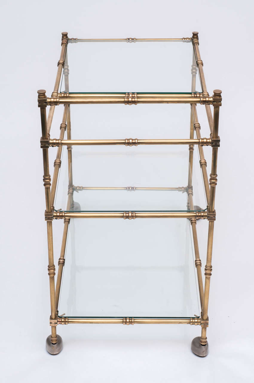 20th Century Brass Bar Cart with Glass Top and Two Lower Glass Shelves, France, circa 1950