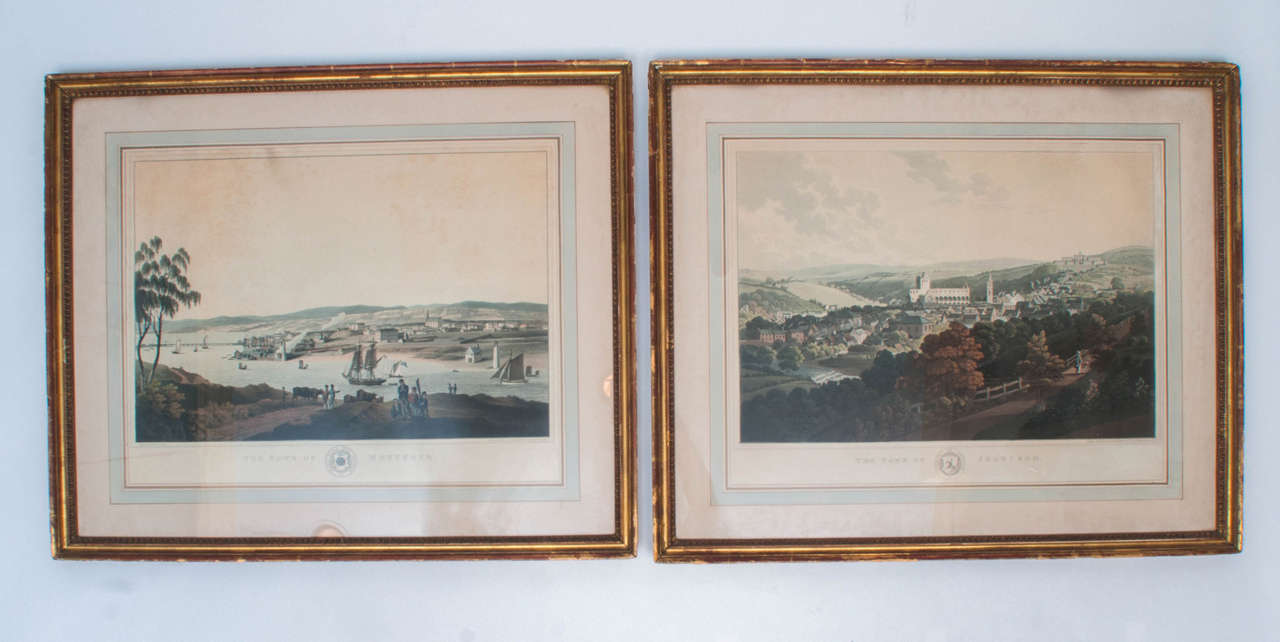 Hand colored engravings of Montrose and Jedburg, Scotland - drawn by I. Clark - excellent patina on the gold leaf frames - matted and framed  circa:1910, probably in Scotland. Sight dimensions are 17.5" x 23".