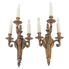 Pair of Hand-Cast Bronze Three-Light Eagle Head Sconces with Foliate Decoration