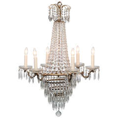 Antique Neoclassical, Six-Light Gilt Brass and Lead Crystal Chandelier