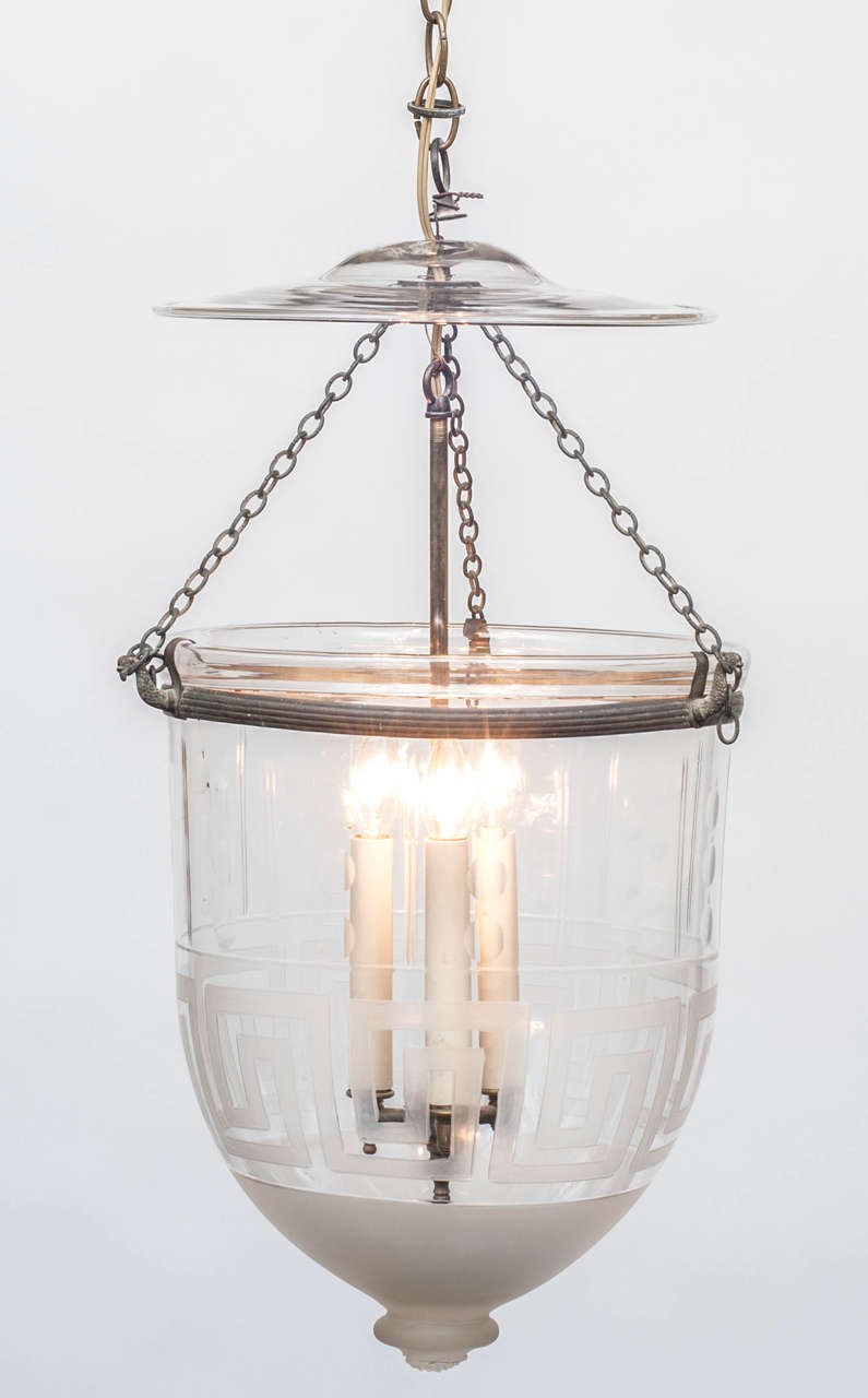 This unique lantern is adjustable in height-smoke bell appears to be original-includes hanging hardware, ceiling cap and chain.