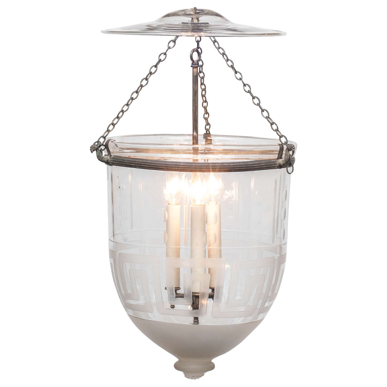 Regency Three-Light Bell Jar Lantern with Greek Key Band and Frosted Bottom