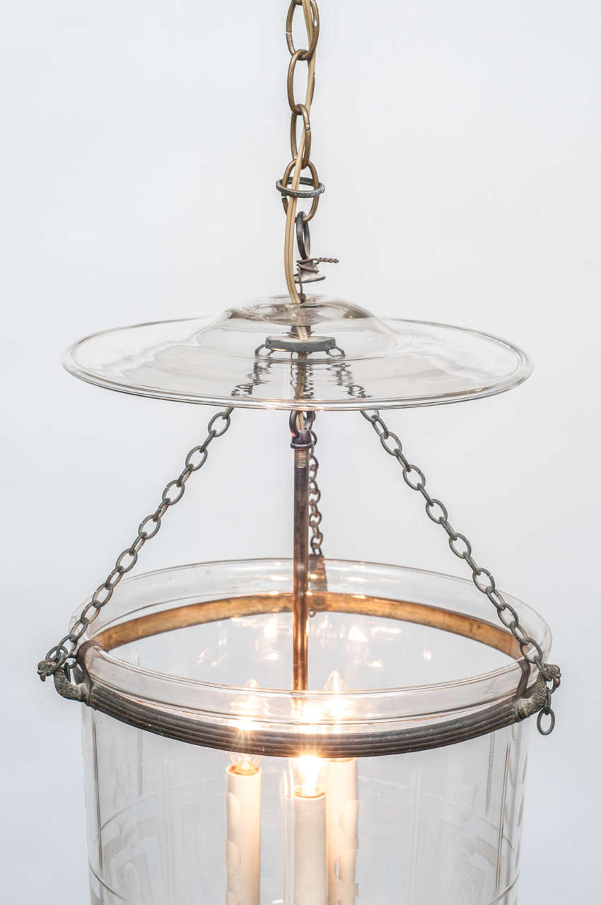English Regency Three-Light Bell Jar Lantern with Greek Key Band and Frosted Bottom