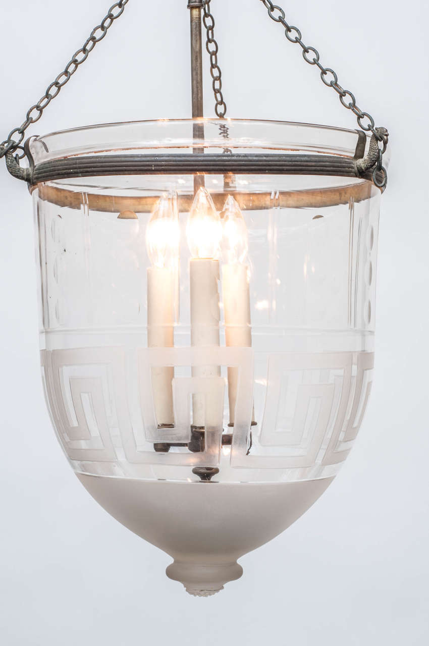 Regency Three-Light Bell Jar Lantern with Greek Key Band and Frosted Bottom In Excellent Condition In Alexandria, VA