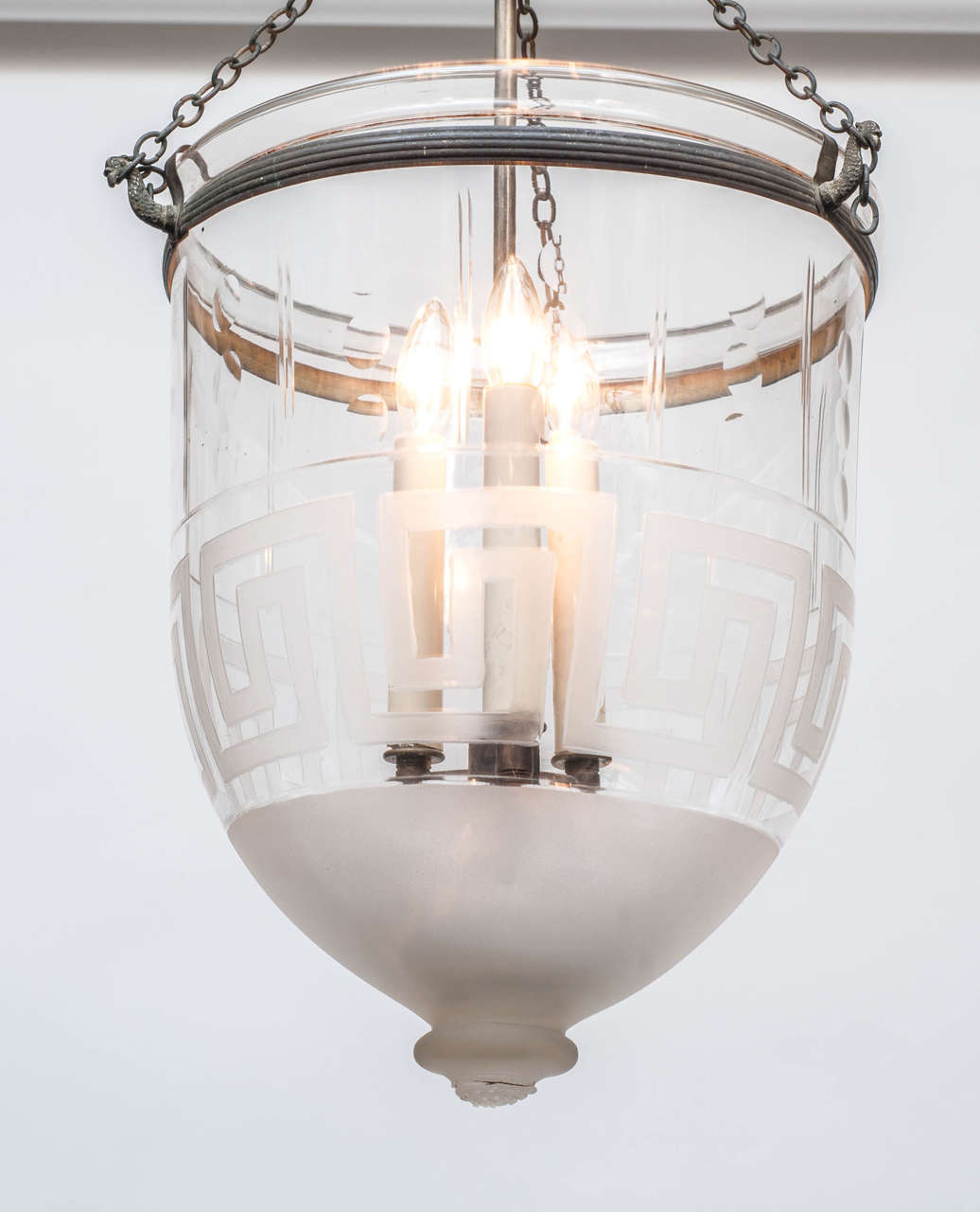 19th Century Regency Three-Light Bell Jar Lantern with Greek Key Band and Frosted Bottom