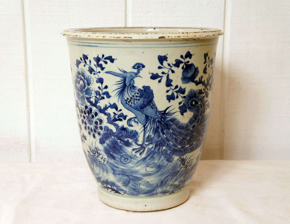 Elegant Blue and White Porcelain cache pot/vase. Hand painted by artisans from Jingdezhen, the original location of the Emperors' kilns, where all the Imperial porcelains were produced.