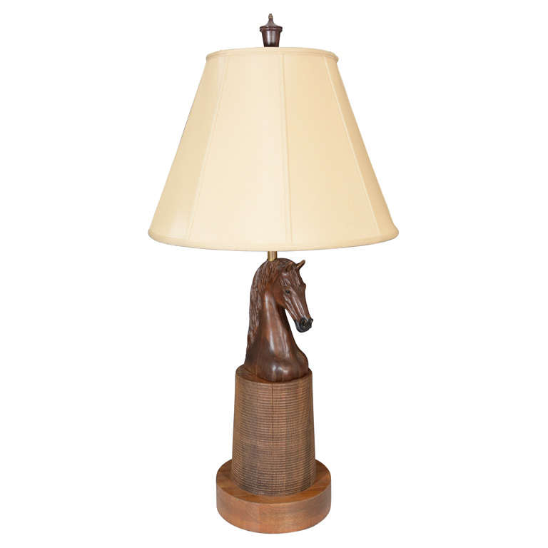 Single Mid Century Hand Carved Horse Head Lamp