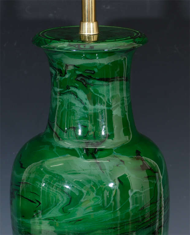 Pair of Mid Century Marbled Green & Black Ceramic Marbro Lamps In Good Condition In Astoria, NY